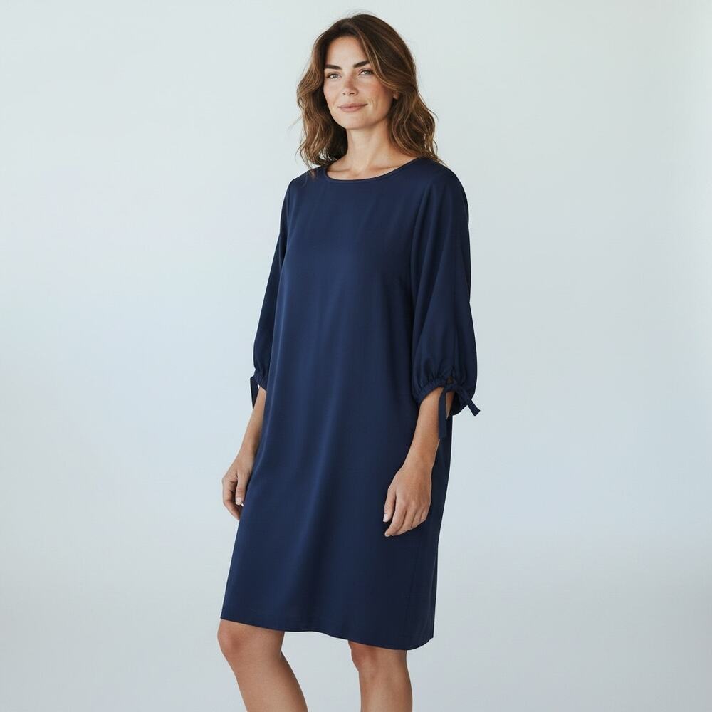 Lafayette 148 Size S Navy Blue 3/4 Sleeve Cotton Dress Classic Quiet Luxury